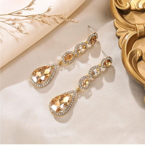 Yellow Gold with Champagne Topaz Crystal Teardrop Halo Chandelier Post Earrings - Picture 2 of 6